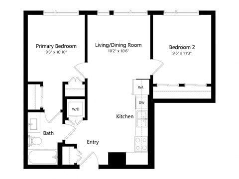 Floor plan for 2 beds, 1 bath, 691 sqft